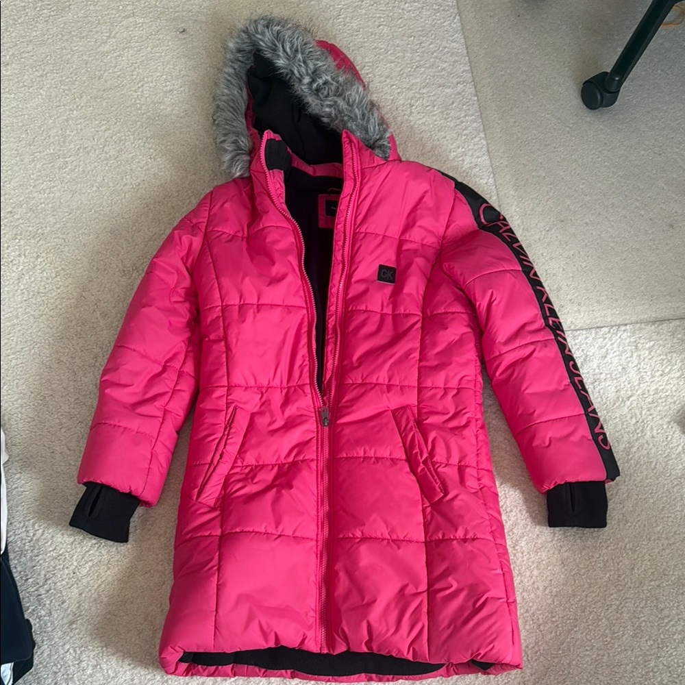 Kids Pink Winter Coat with Faux Fur Hood from Calvin Klein Jeans!